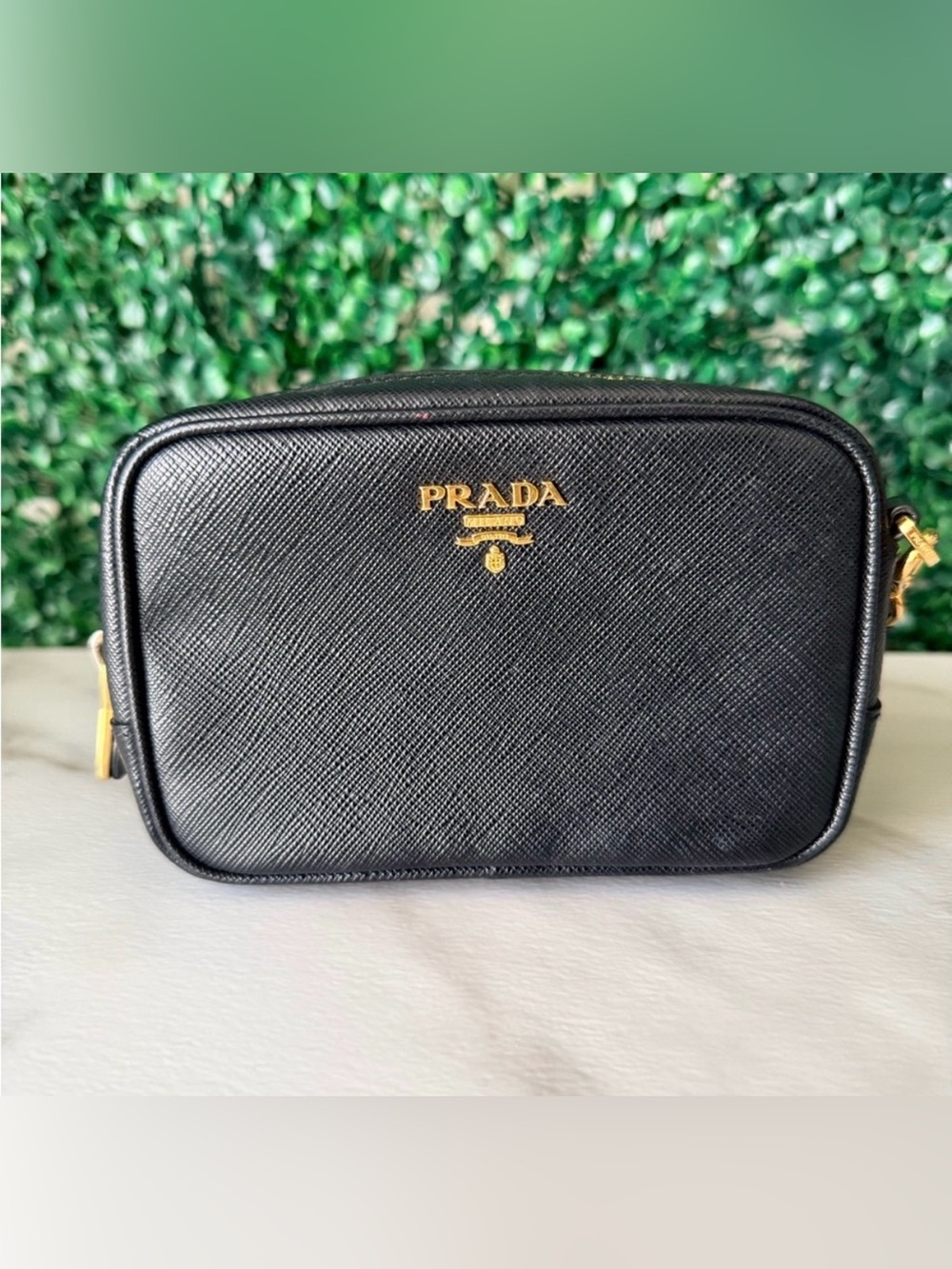 Prada Black Saffiano Leather Mini Camera Bag with Gold Logo Authentic